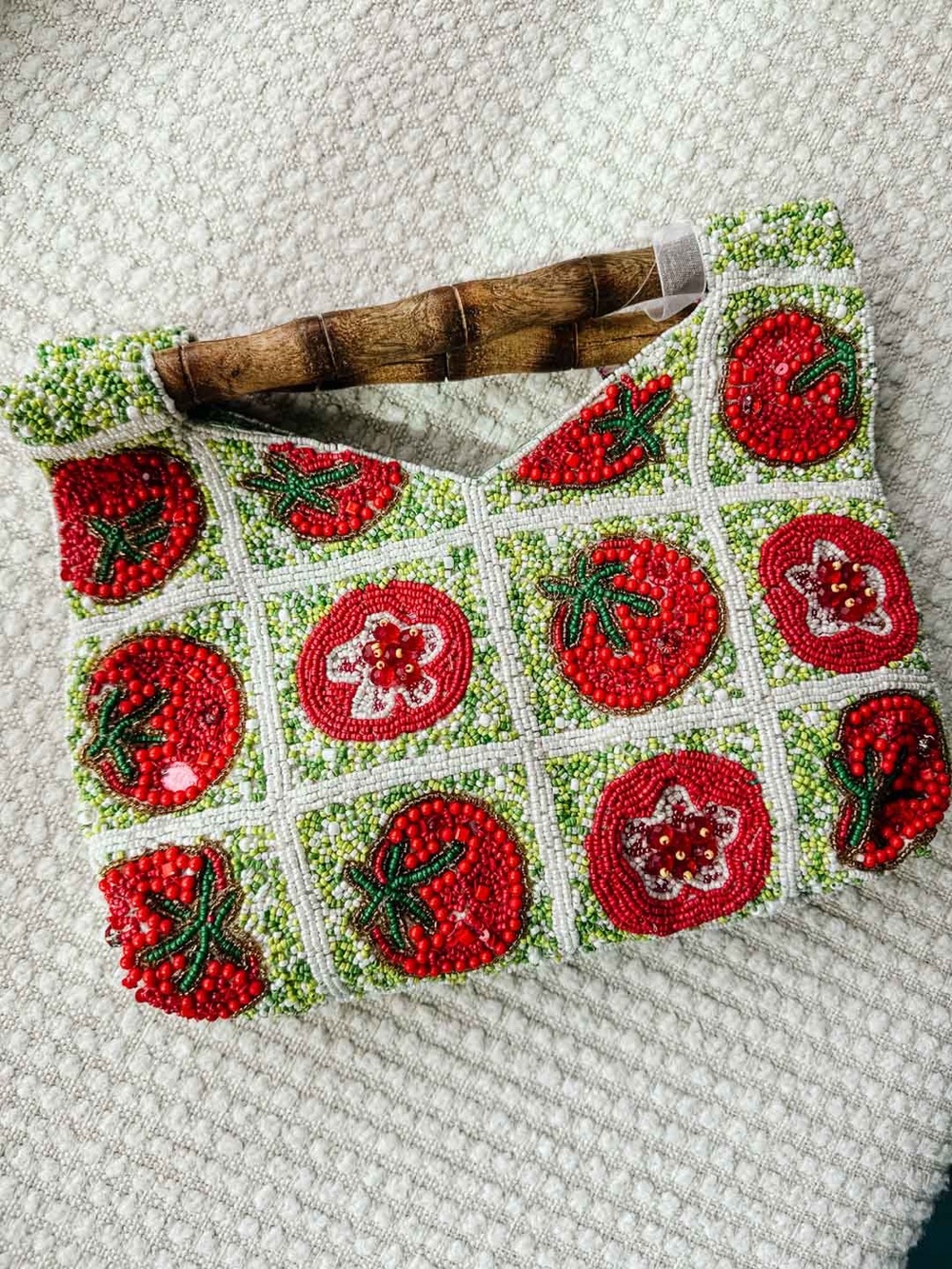 NWT Viral Beaded Tomato Garden Bag Bamboo Handle Checkerboard Purse